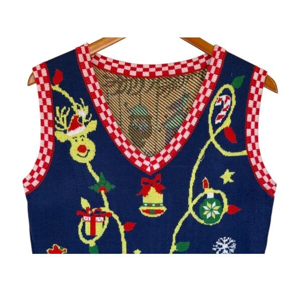 Ugly Christmas Sweater Vest Women M Blue Reindeer Funny Merry Santa Tree Lights - Picture 2 of 7